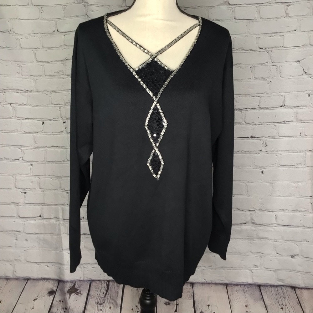 Bob Mackie Wearable Art Black Cut Out V-Neck Sequin Beaded Sweater Large